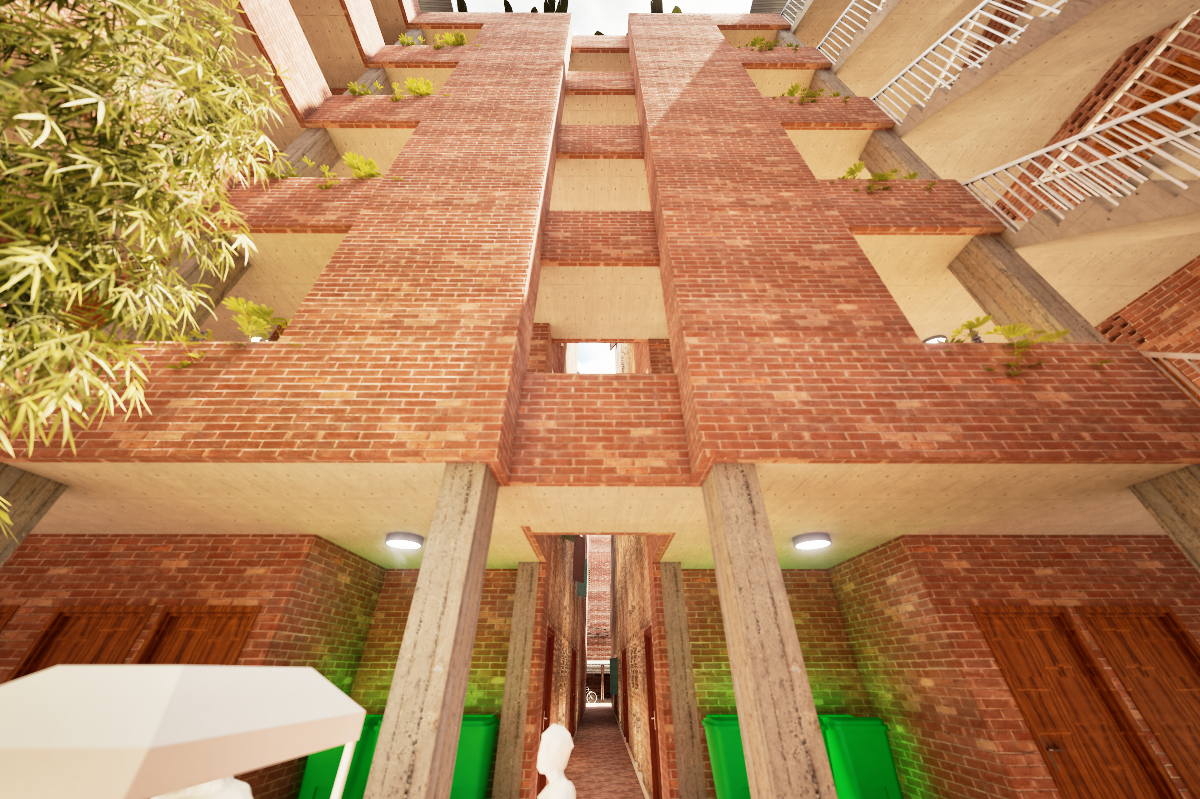 Proposed — courtyard looking up, staircase and planted walls