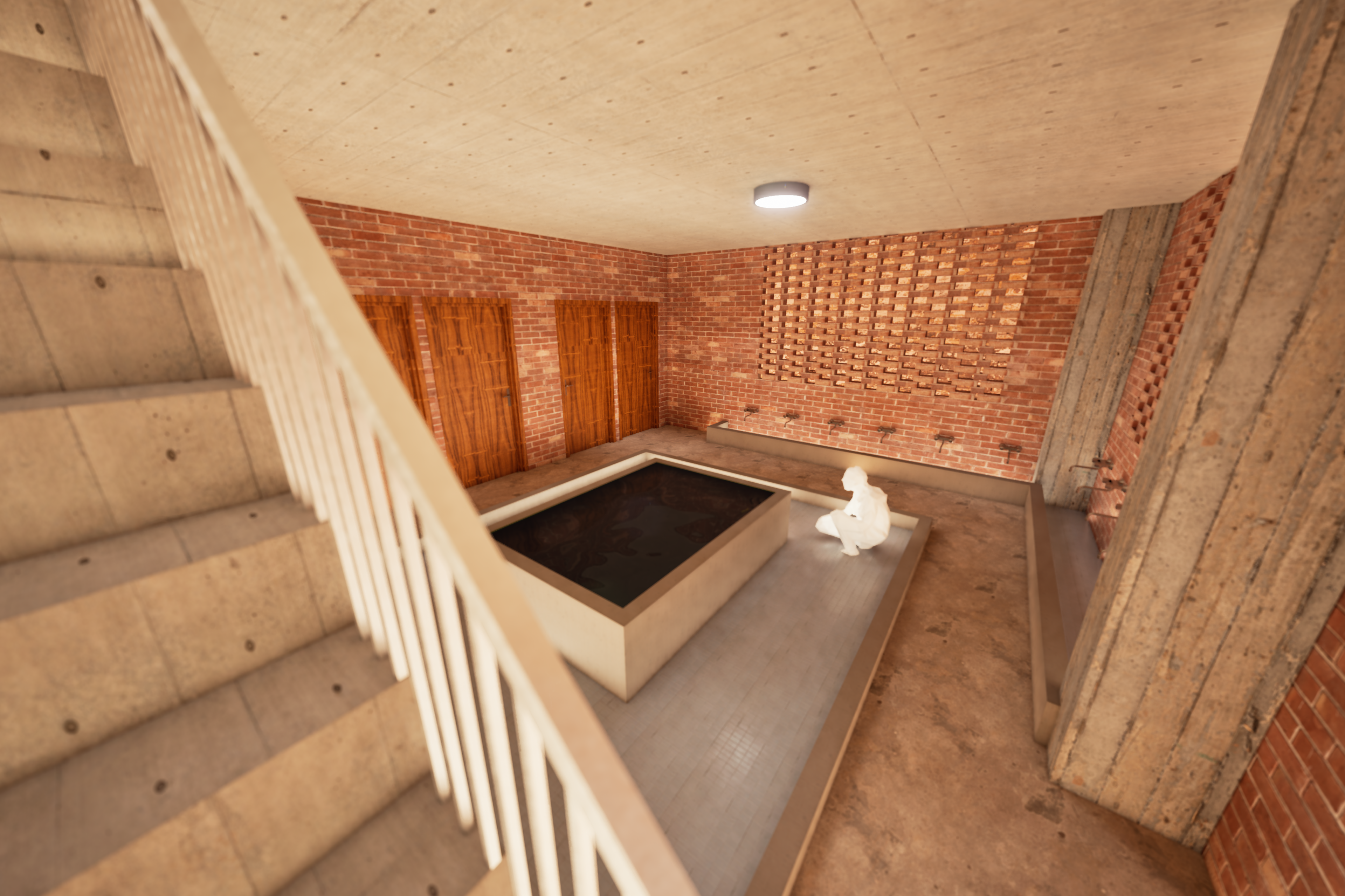 Proposed — interior staircase landing with water feature