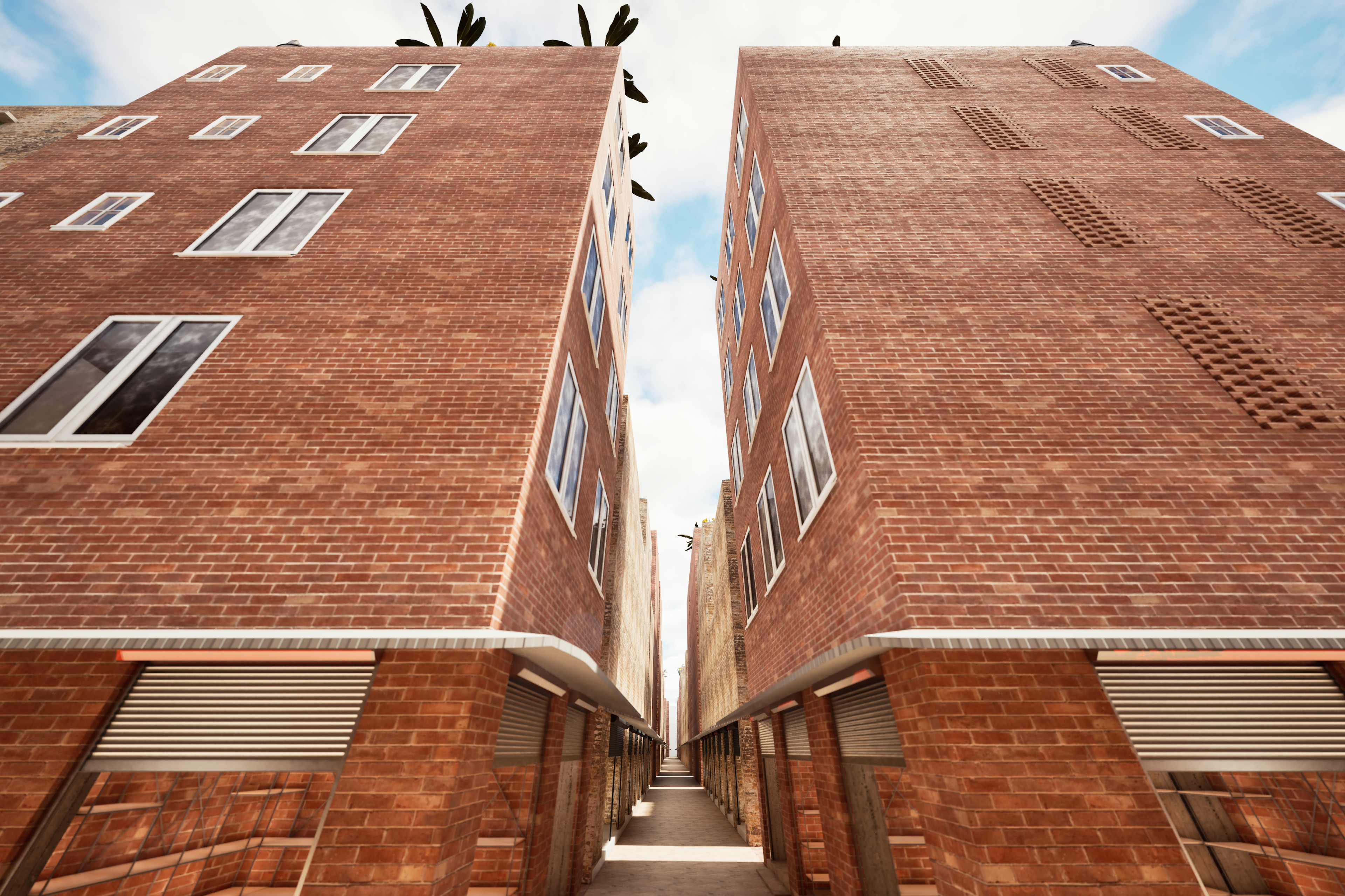 Proposed — alley looking up, ordered brick towers