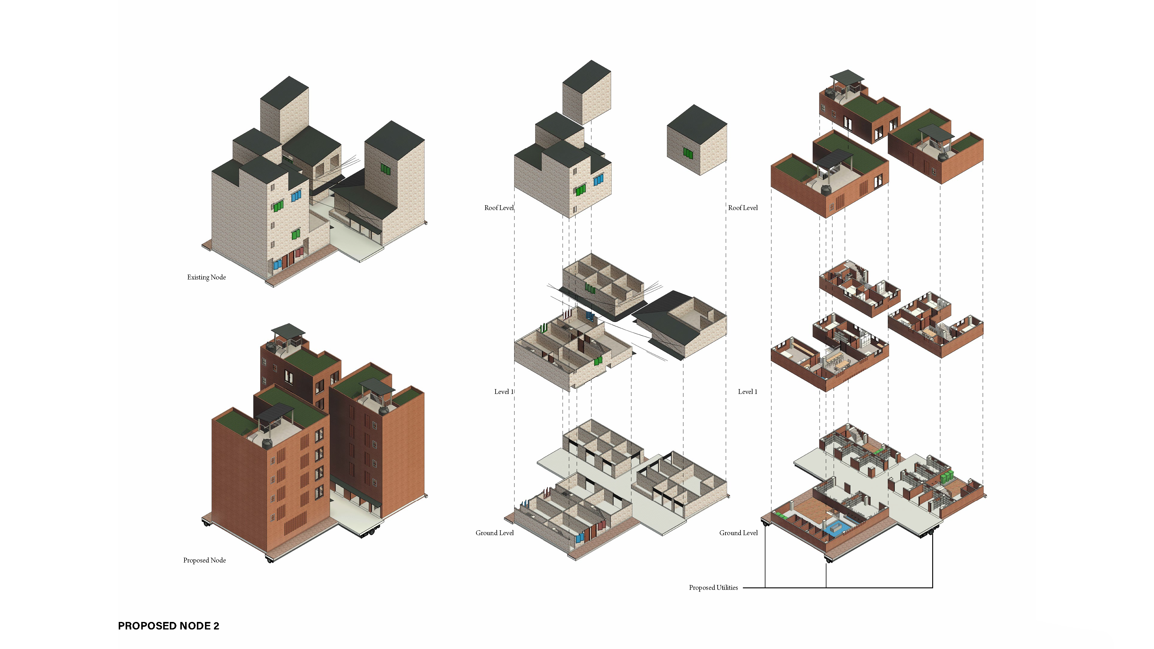 Proposed Node 2 — Livelihood Node: exploded axonometric showing existing node, proposed node, and floor plans from ground to roof