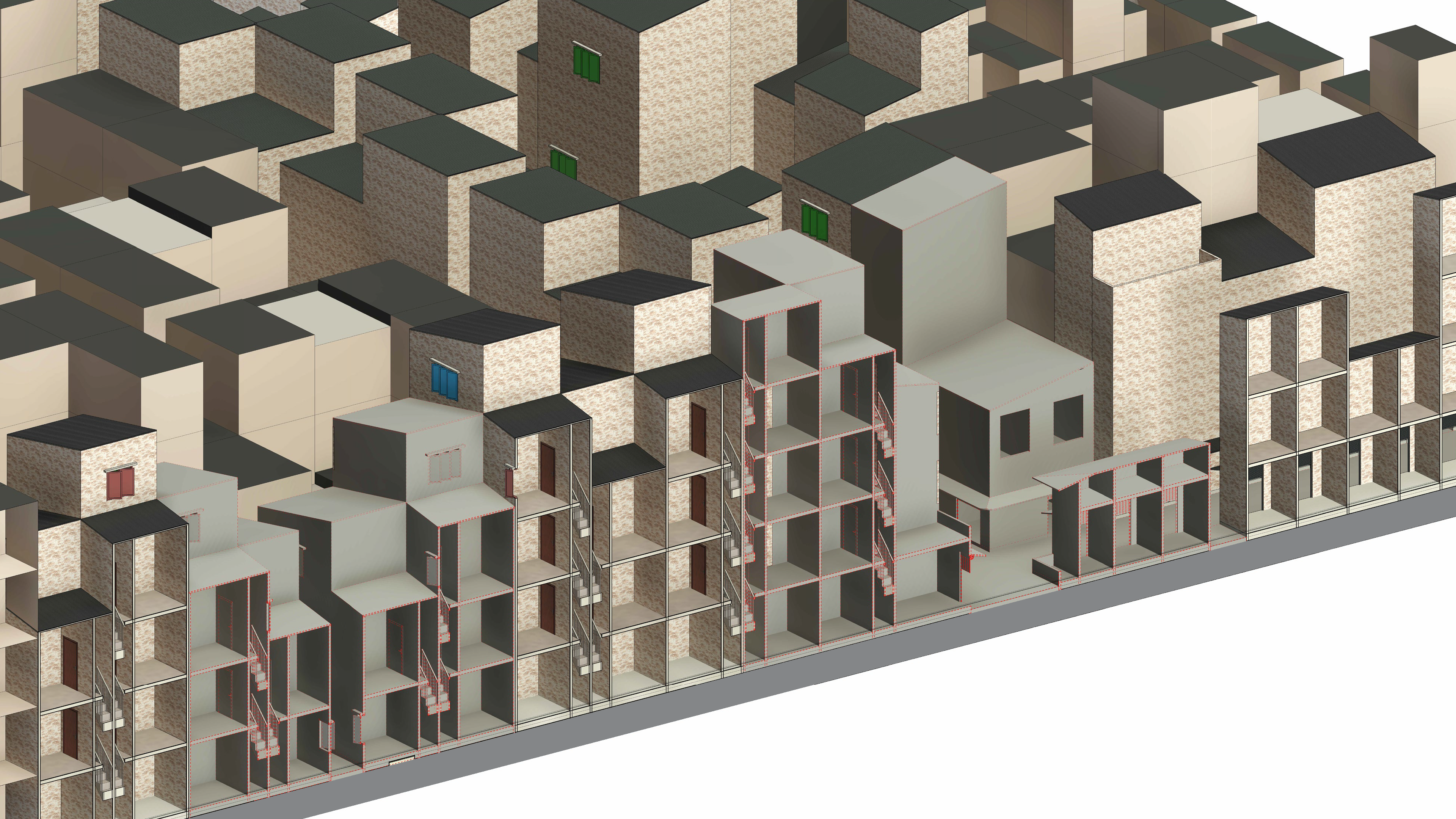 Existing section — cut through the camp fabric showing cramped multi-storey rooms and shared stairwells