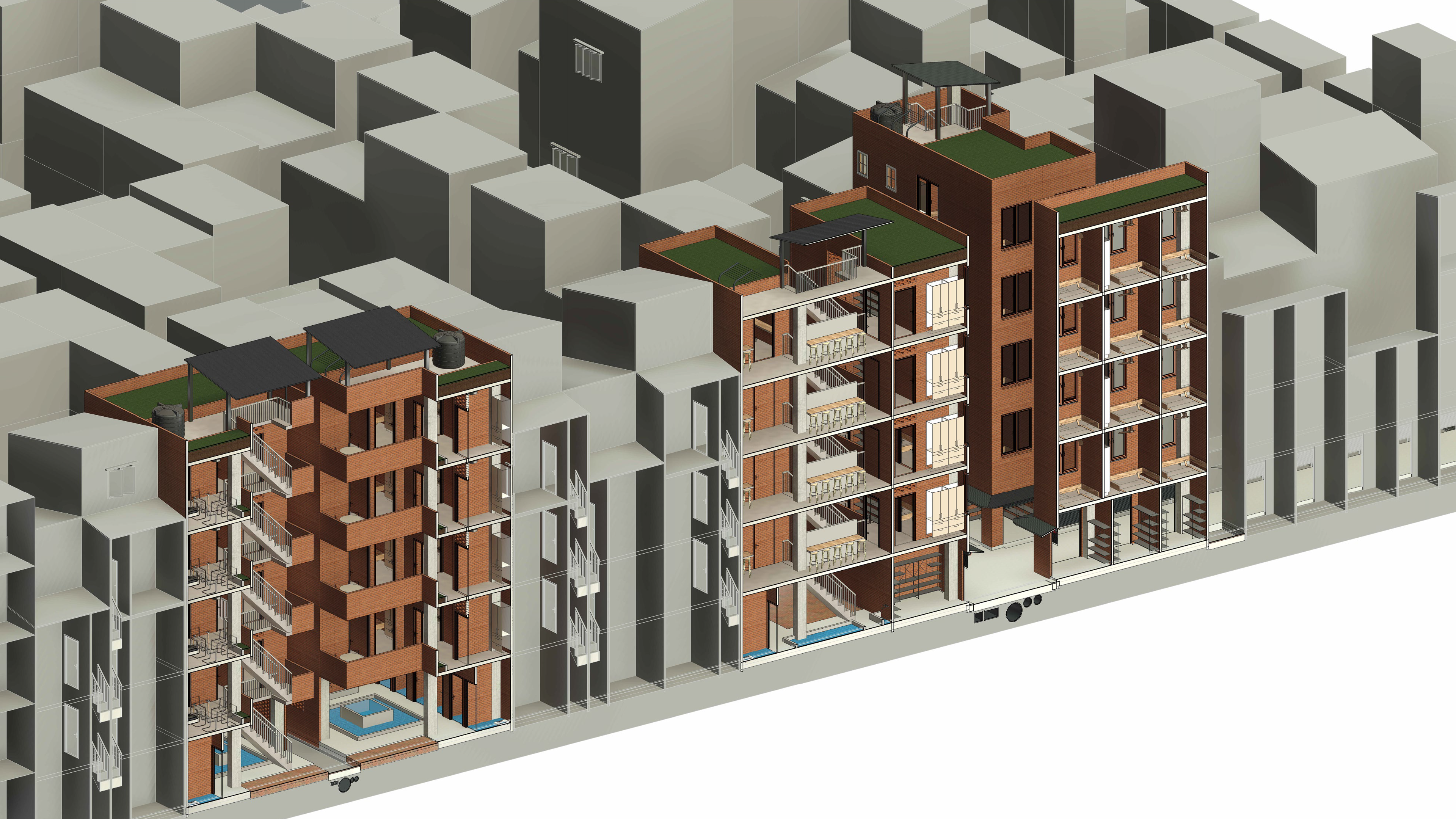 Proposed section — cut through proposed nodes showing rooftop gardens, shared balconies, and WASH facilities