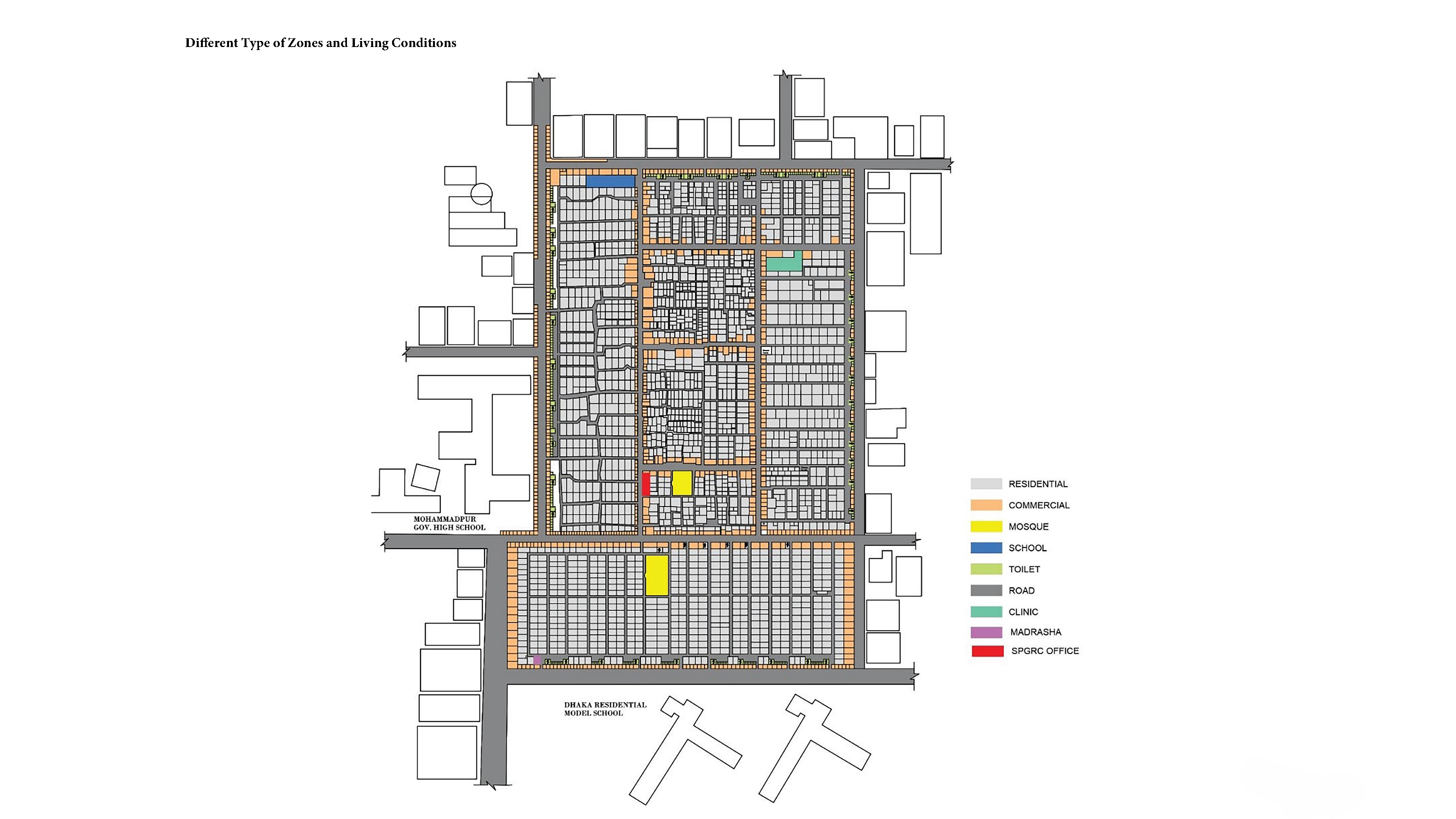 Different types of zones and living conditions within Geneva Camp — residential, commercial, mosque, school, toilet, clinic, madrasha, SPGRC office