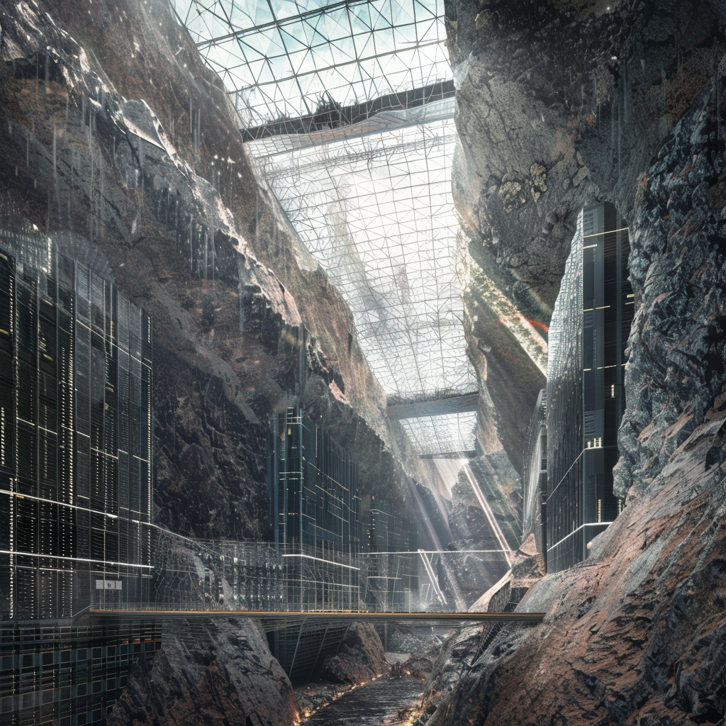 AI Data Farm — underground canyon with angled glass-grid skylights, raw rock walls, vertical server infrastructure