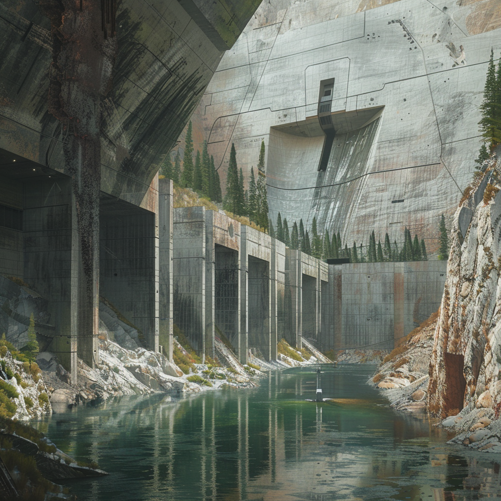 Underground Aquifer — subterranean reservoir, massive concrete retaining walls, calm reflective water channel, pine trees on rock ledges