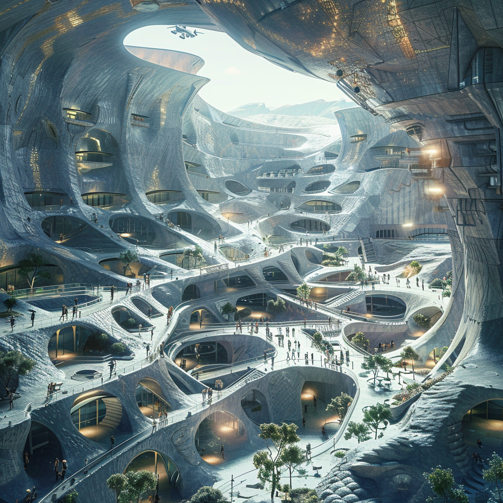 Hyper-transport Hub — underground hyperloop terminal, biomorphic white organic forms, multiple levels, central atrium