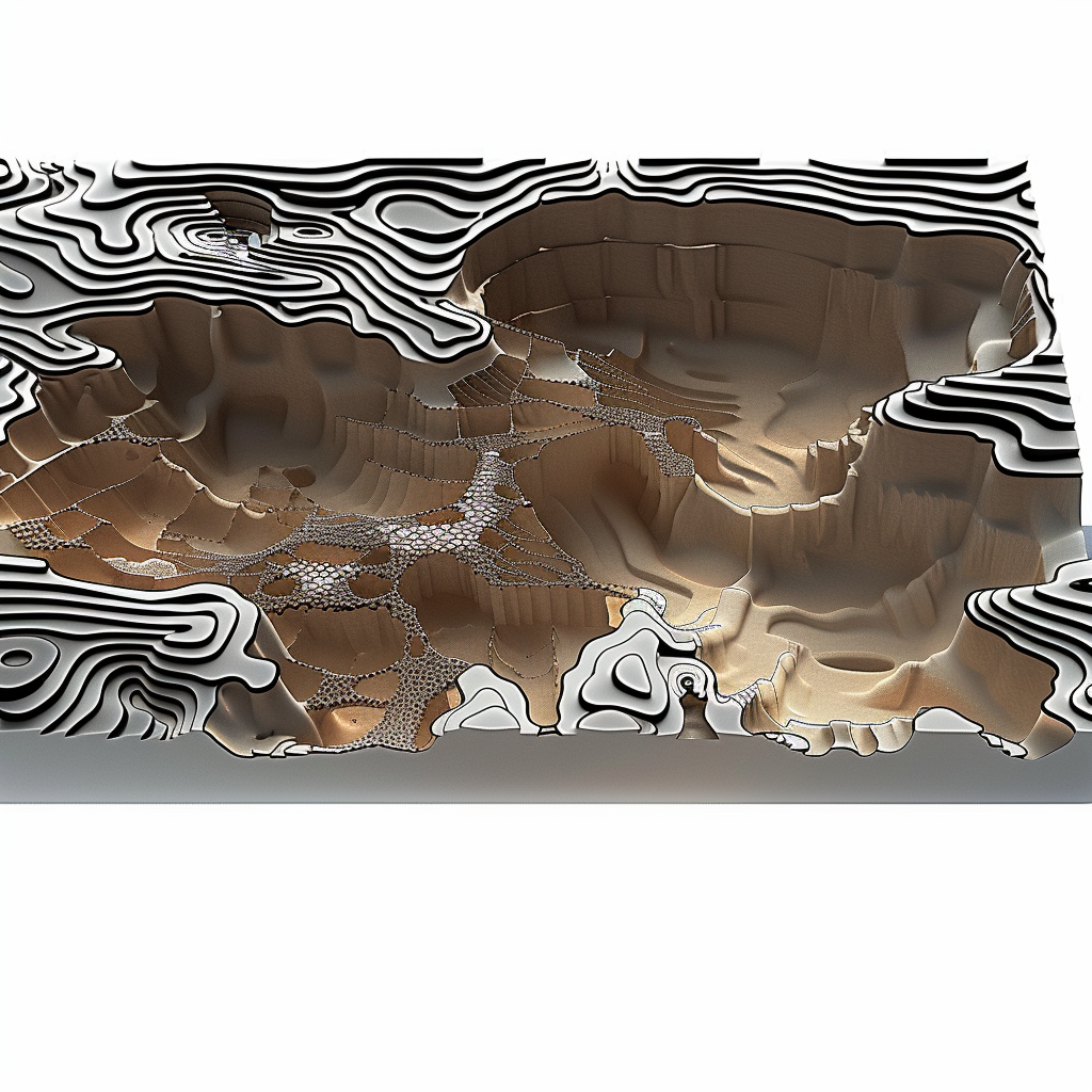 Phase 3 — Midjourney blend iteration: rock texture fused with topographic contour lines overlaid on physical site model